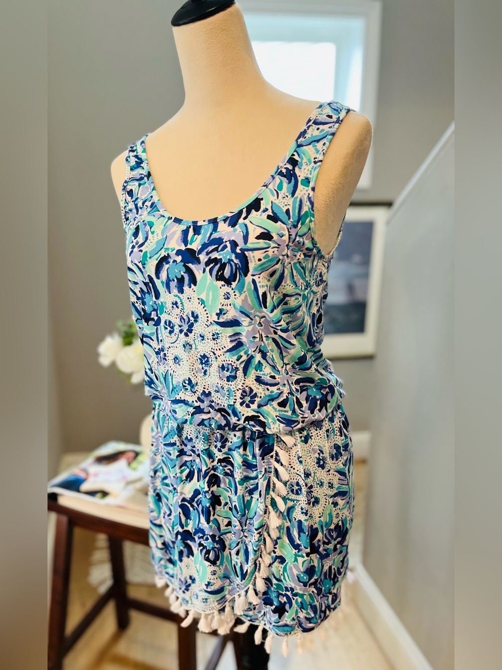 LILLY PULITZER Jarrett Romper Sleeveless Blue Floral w White Tassel Trim SMALL